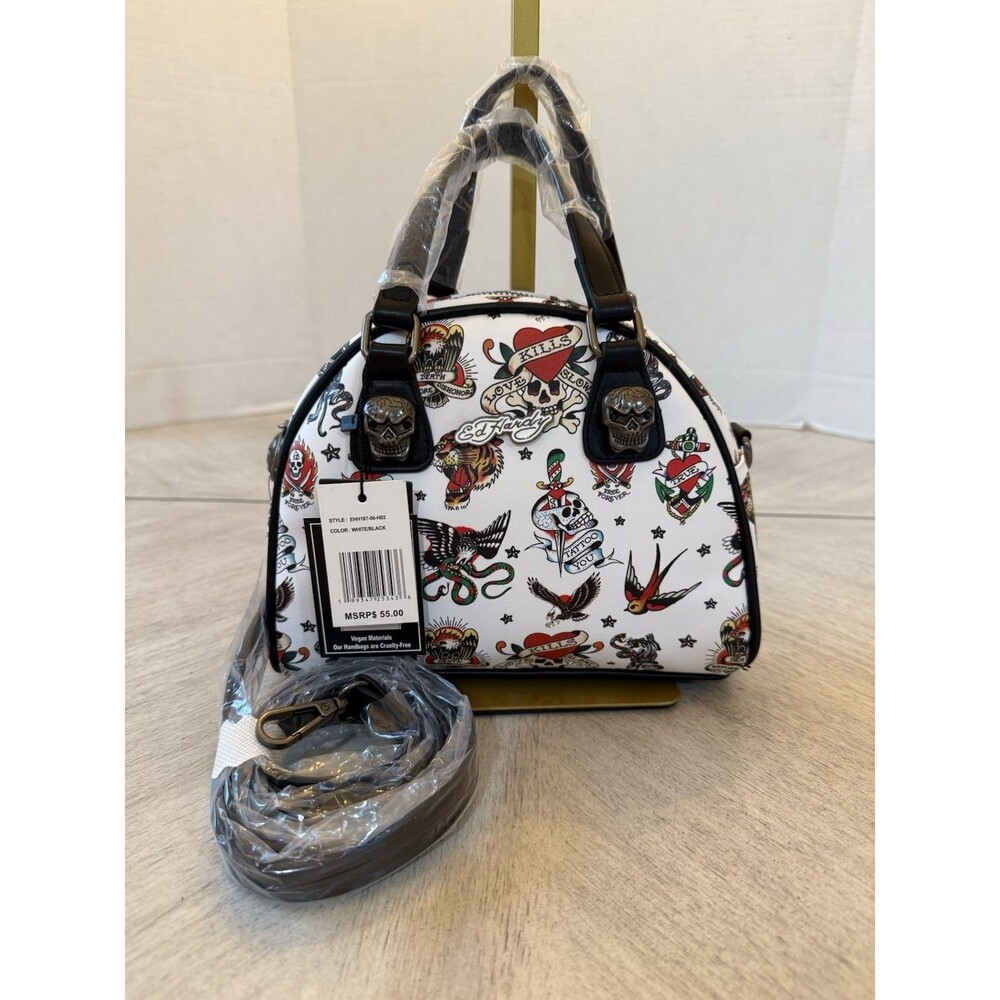 Ed Hardy Tattoo Birds Heart Skull Crossbody Satchel White Handbag Y2K New NWT